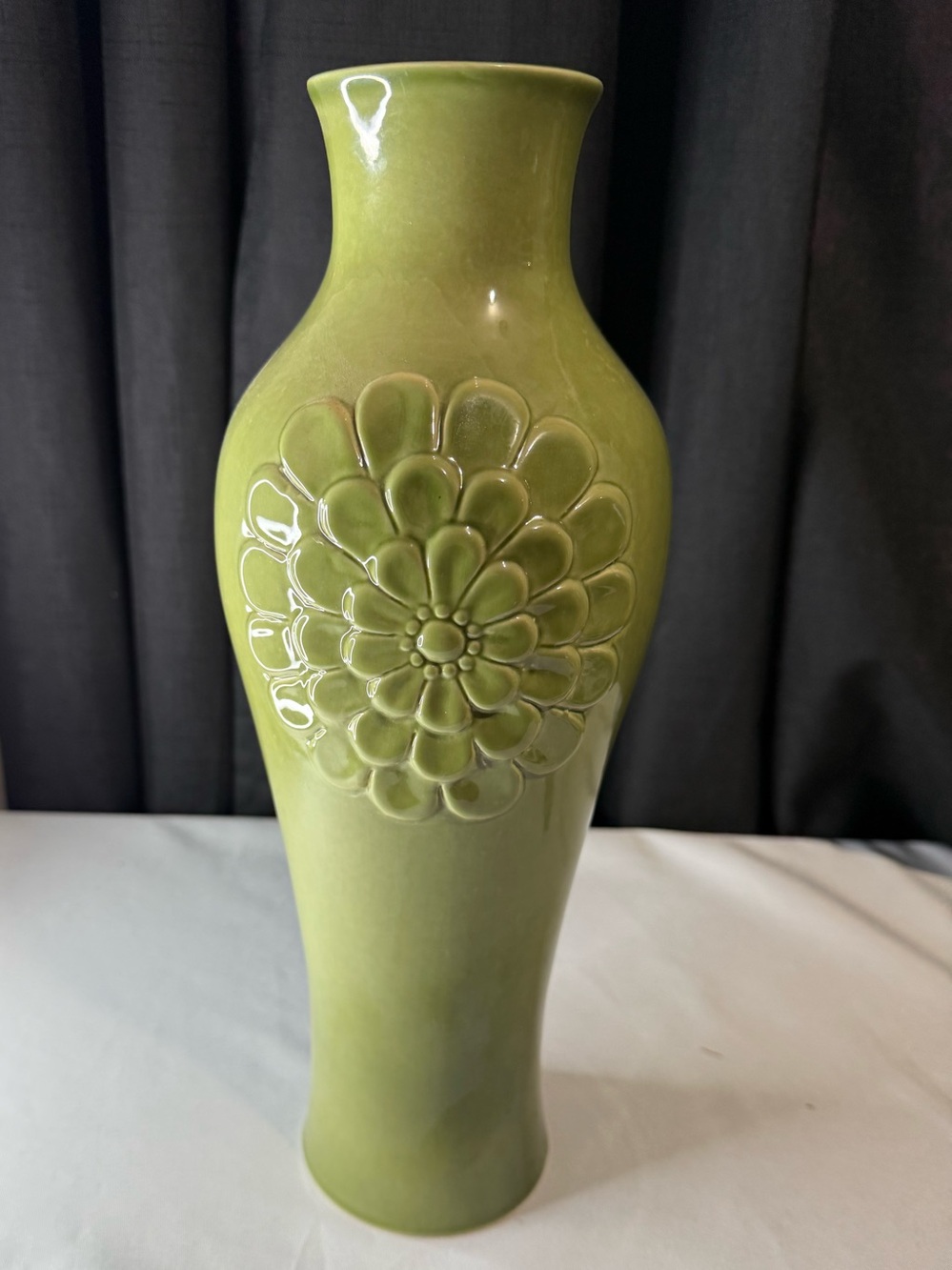 Ashland Sage Green Ceramic Vase with Raised Floral Motif 14inch NWT